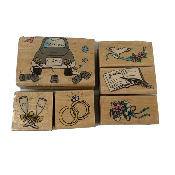Rubber Stamps Lot of 6 Wedding Just Married Shower Wood Westwater Enterprises - Picture 1 of 10